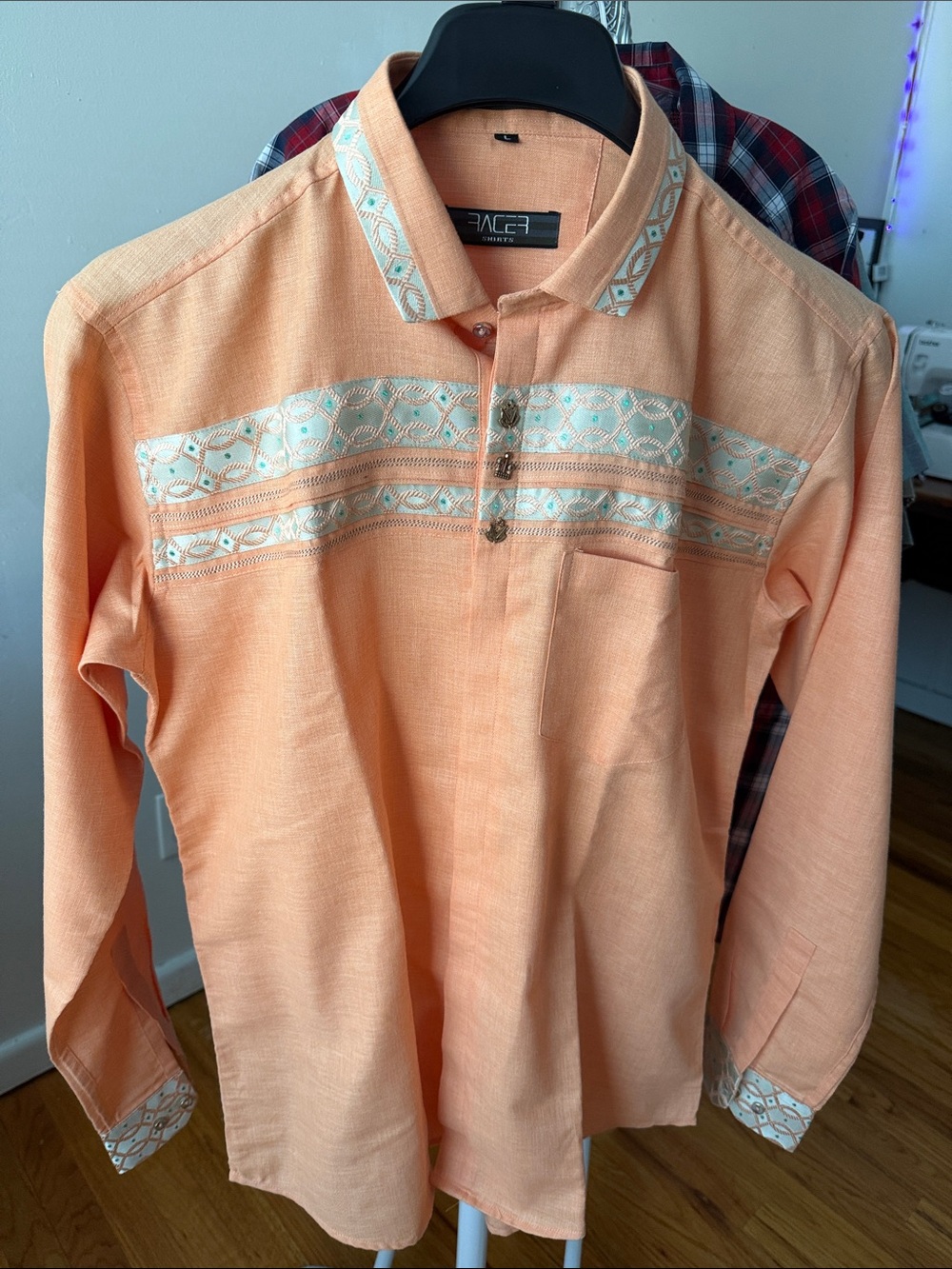 NWOT Racer Shirts Peach Long-Sleeve Shirt with White Geometric Embroidery